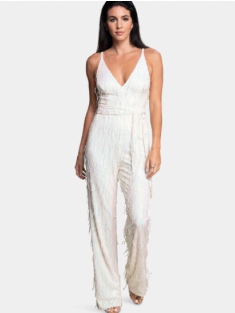 Dress the Population White Sequin Jumpsuit Kinsley Disco 70s Evening Medium